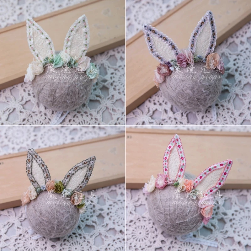 Dvotinst Newborn Photography Props Baby Cute Floral Flower Headbands With Rabbit Ears Headdress Studio Shooting Photo Props