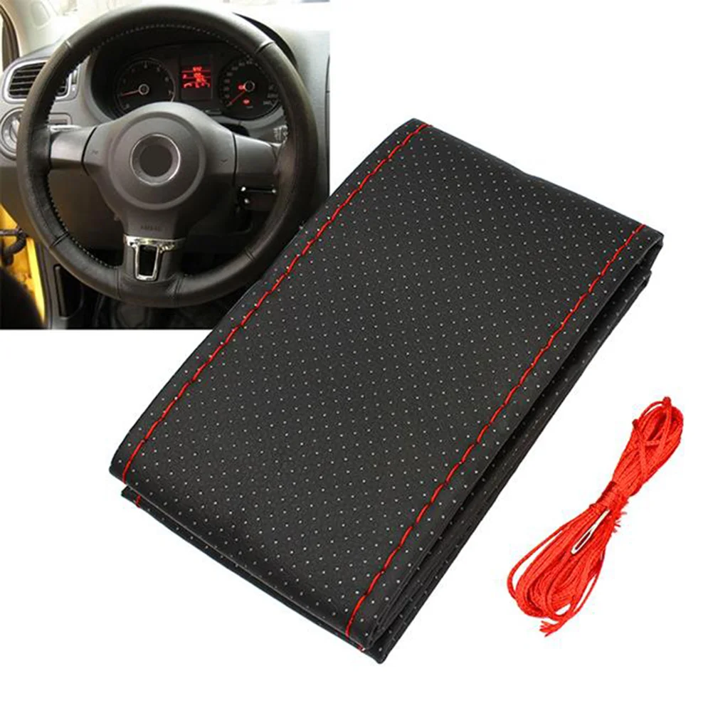 

New Truck PU Car Steering Wheel Cover with Needle and Thread (Black+Red)