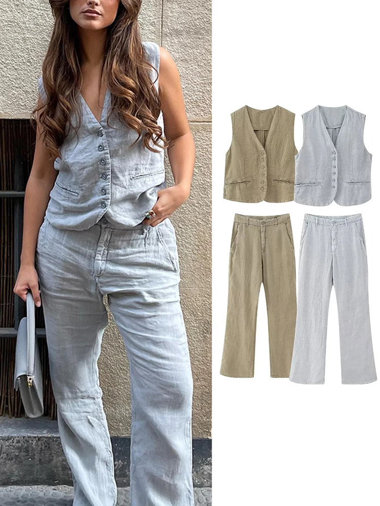 

2 Piece Set High Waist Flare Pant Causal Outfit Vest Pants Sets Women V-Neck Single-Breasted Linen-Blend Slim-Fit Sleeveless Top