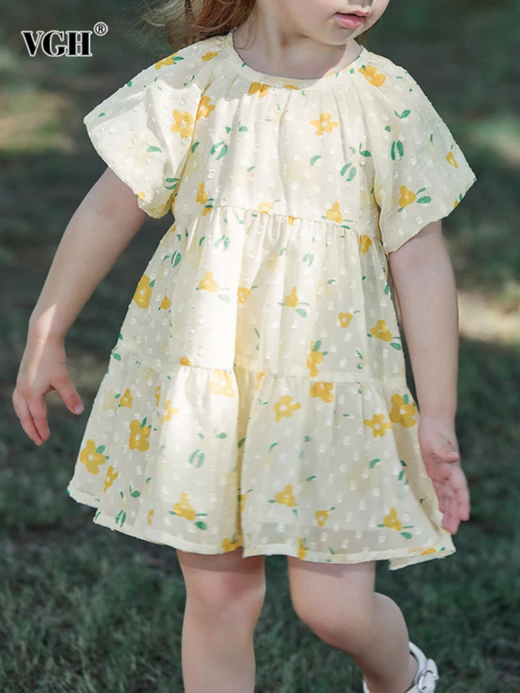 

VGH Floral Printing Mini Dresses For Kids Round Neck Short Sleevel High Waist Casual Loose Folds Dress Children's Clothing 2023