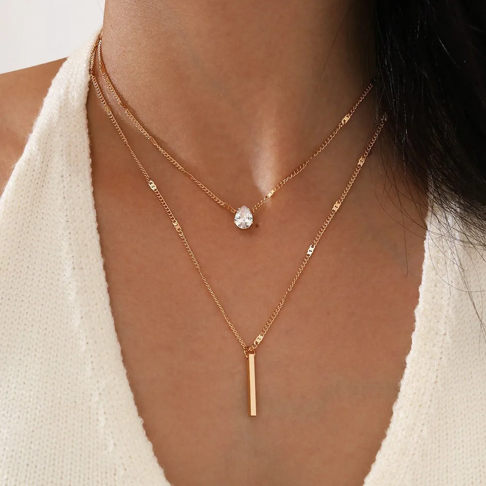 Fashion double layered water drop shaped small diamond long tassel pendant necklace two piece set