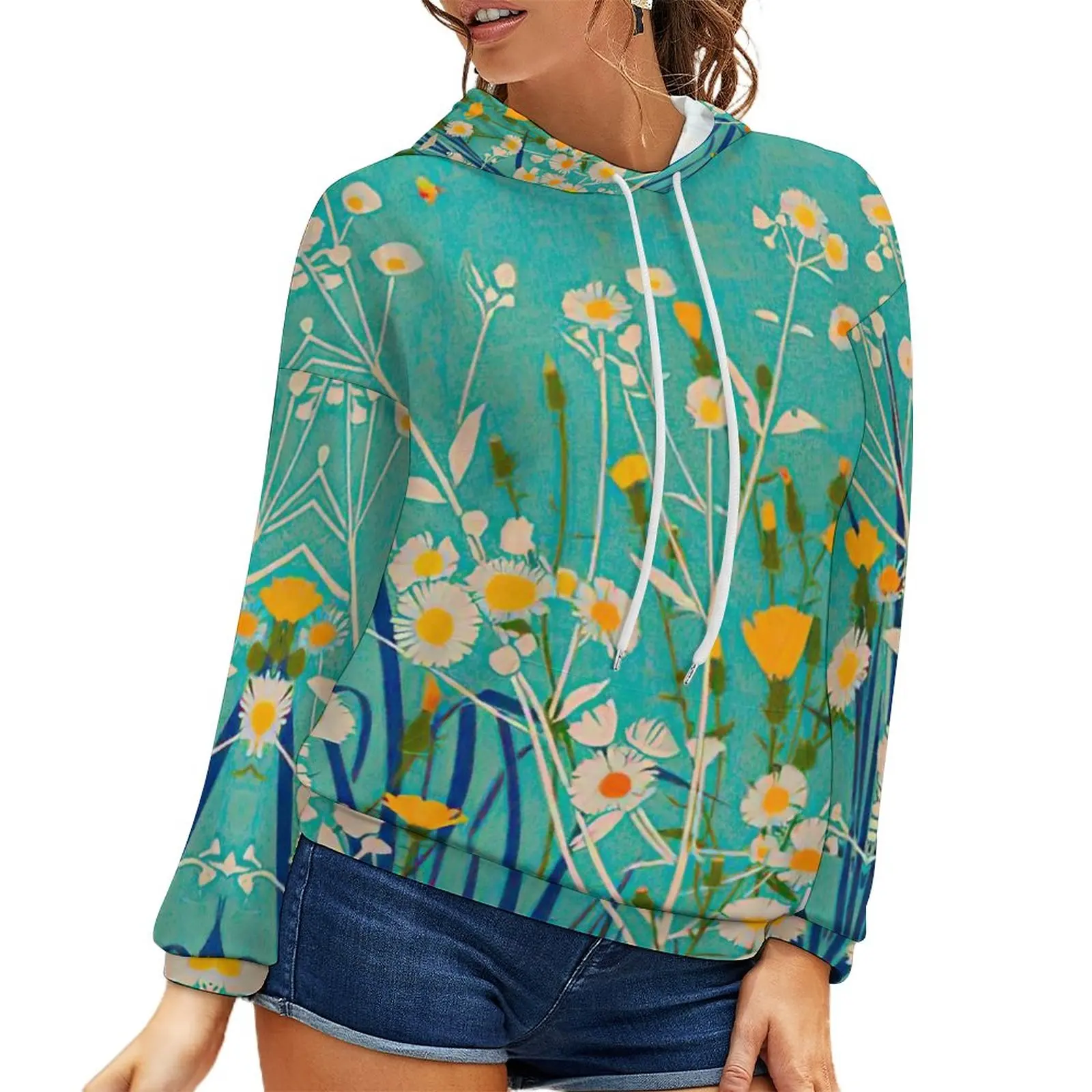 

Новинка 2022, свитер с капюшоном и открытыми плечами в европейском и американском стиле с цветочным принтом, модный и дышащий