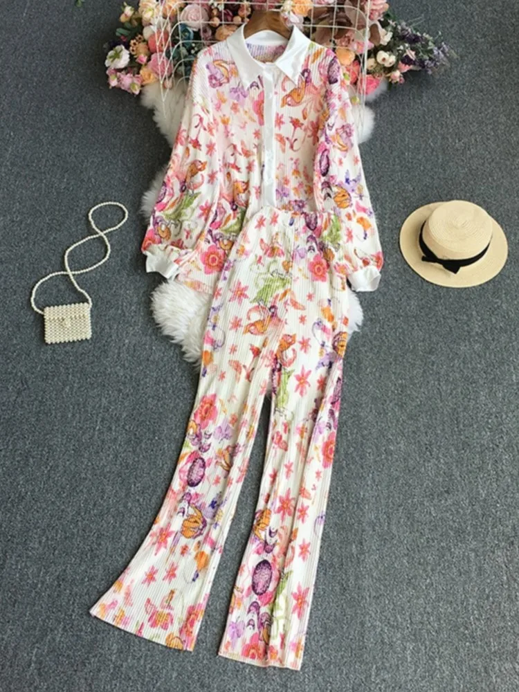 

Women Fashion Elegant Floral 2 Pieces Set Long Sleeve Casual Shirts Tops High Waist Pantsuit Female Outerwear Chic Outfits New