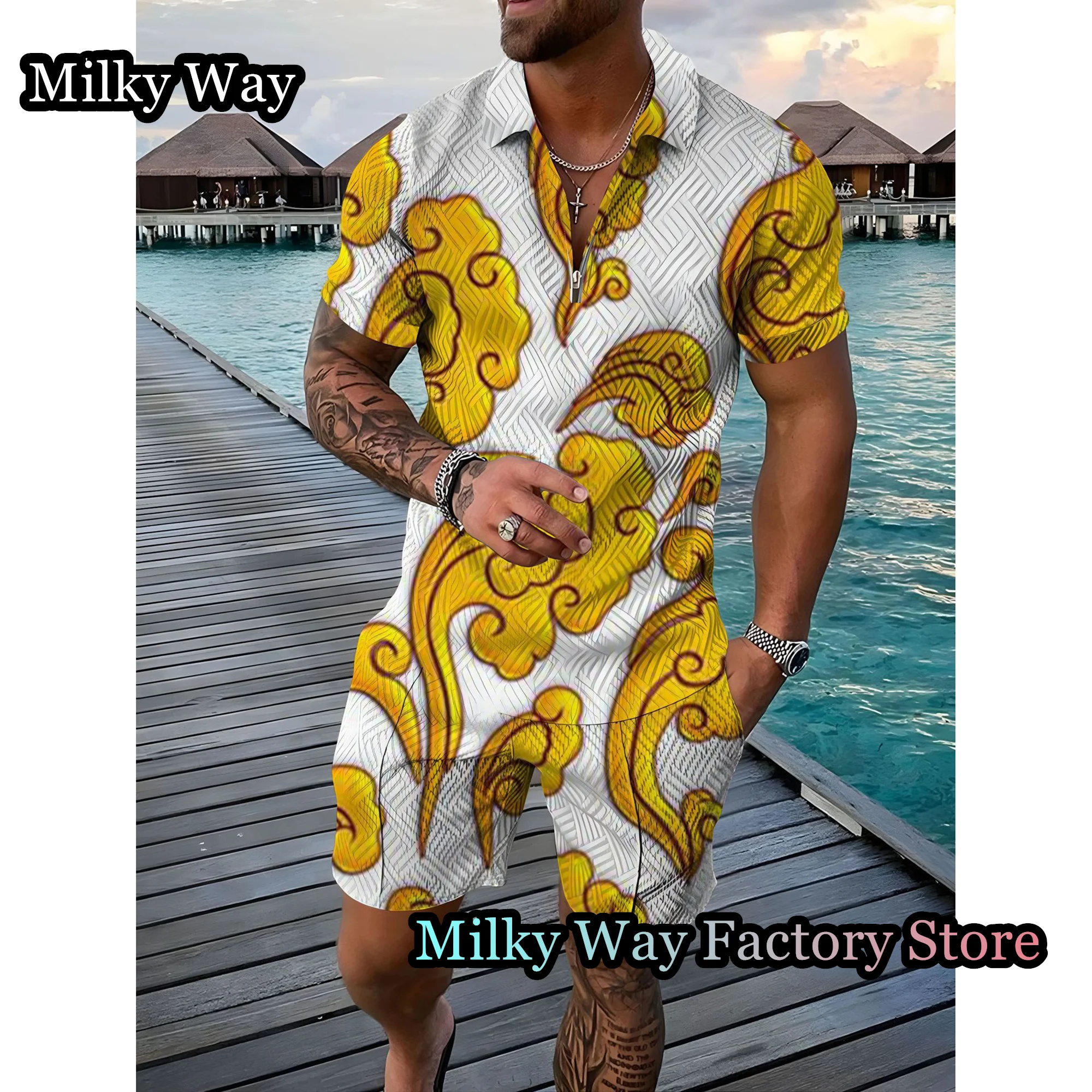 New Summer Men's Vintage Polo Shirt Set 2 Pieces China Xiangyun Tracksuit Male Trun Down Collar Outfit Casual Hawaii Clothing