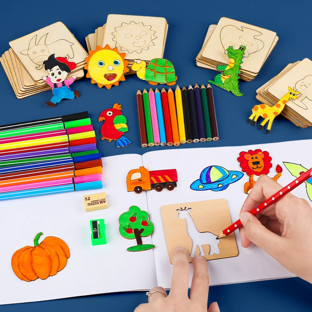 

20pcs Montessori Kids Drawing Toys Wooden DIY Painting Template Stencils Learning Educational Toys for Children Christmas Gift