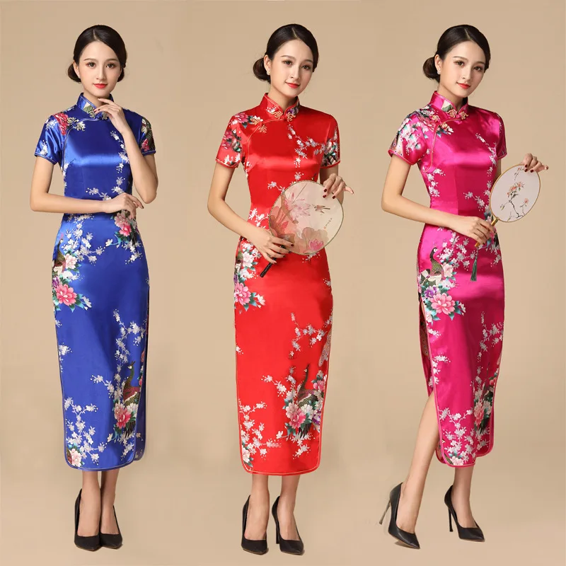 

8Colors Women Satin Cheongsam Print Peacock Sexy Split Qipao Vestidso Chinese Traditional Dress Elegant Evening Party Dresses