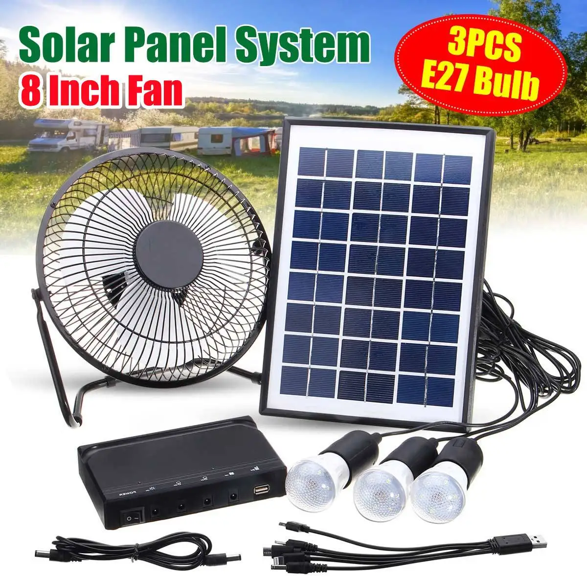 

8 inch Solar Fan Light Solar Power Panel Generator Small Home System 3 LED Bulb Highlight Energy Saving Light Solar Lighting
