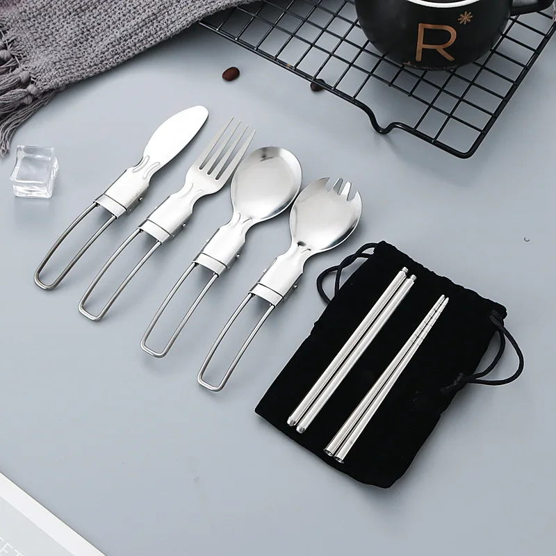 

Portable Camping Spoon Fork Chopstick Flatware Outdoor Picnic Cutlery Kit Foldable Stainless Steel Utensil Set Camping Equipment