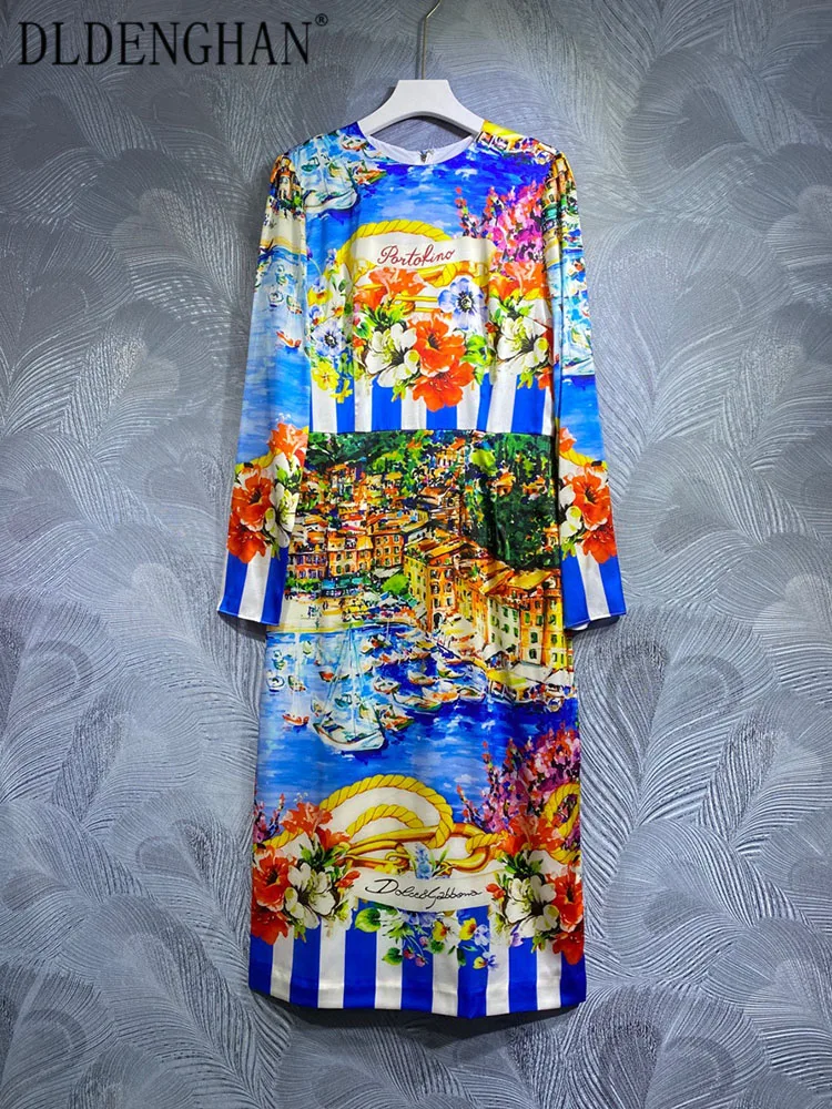 

DLDENGHAN раннее осеннее шелковое платье-карандаш, женские винтажные платья с О-образным вырезом и длинным рукавом с разноцветным цветочным принтом, модные дизайнерские новые