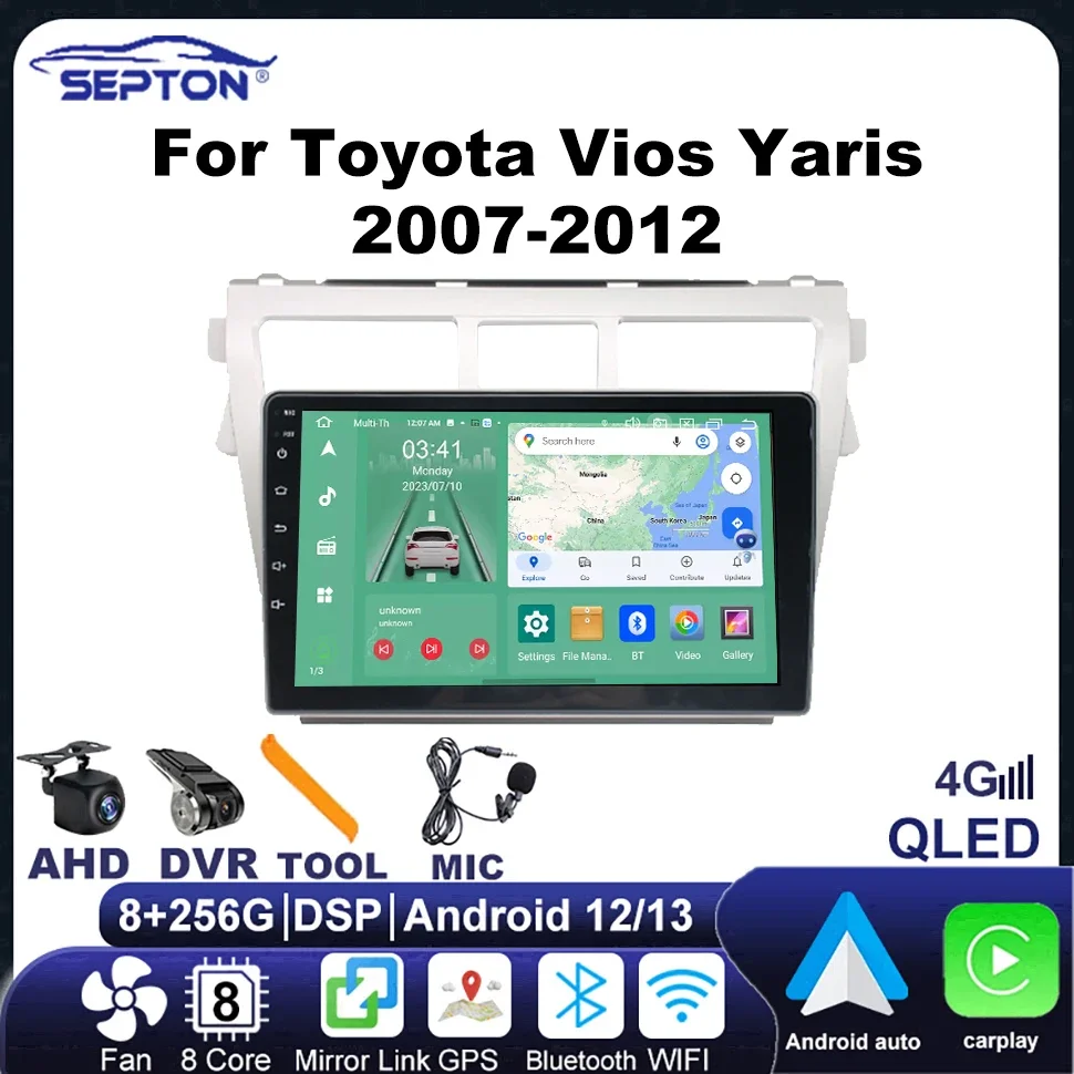 Автомобильный мультимедийный плеер SEPTON Android для Toyota Vios Yaris 2007-2012 CarPlay навигация GPS