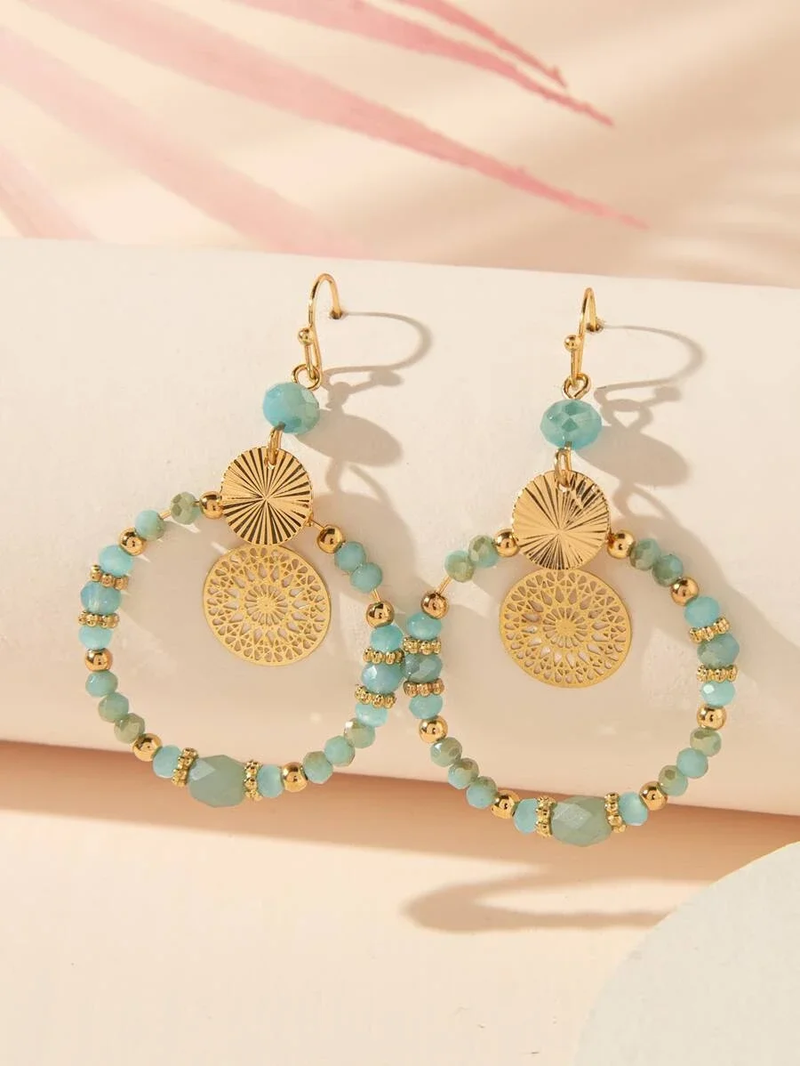 

Beaded Round Drop Earrings for Women Crystal Mixed Round Circle Earrings Hollow Cutout Dangle Earrings