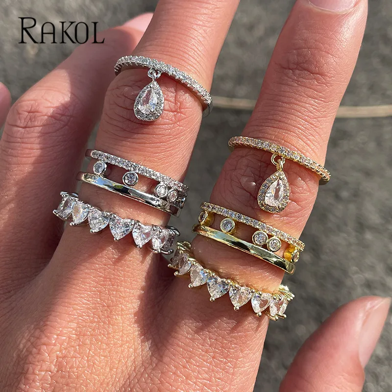 

RAKOL Light Luxury Zircon Open Ring Hollow Droplet Love Pendant Adjustable Rings for Women Fashion Jewelry