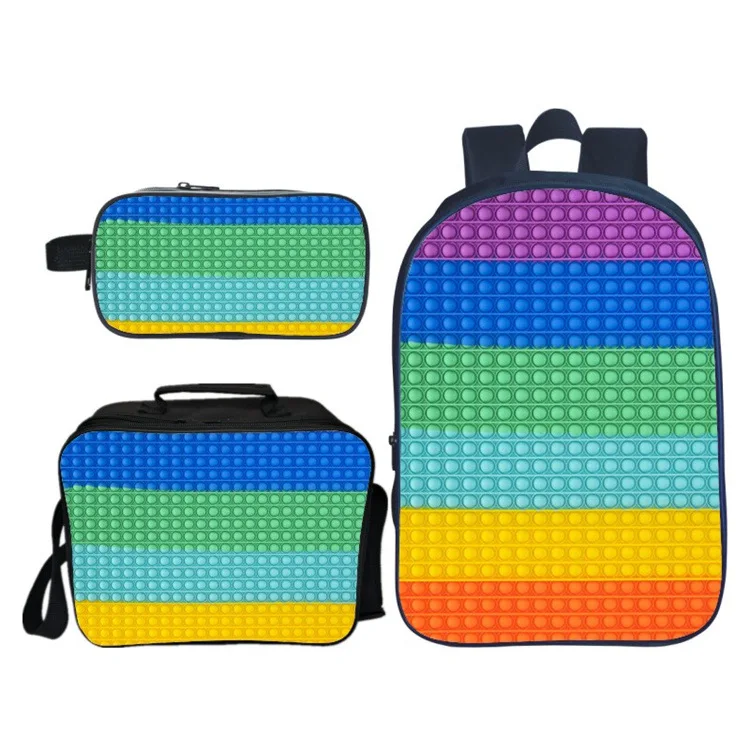 3 Piece Set 16 Inch Pop Its Peripheral Printed Children School Bags Cute Girl Boy Rainbow Backpack