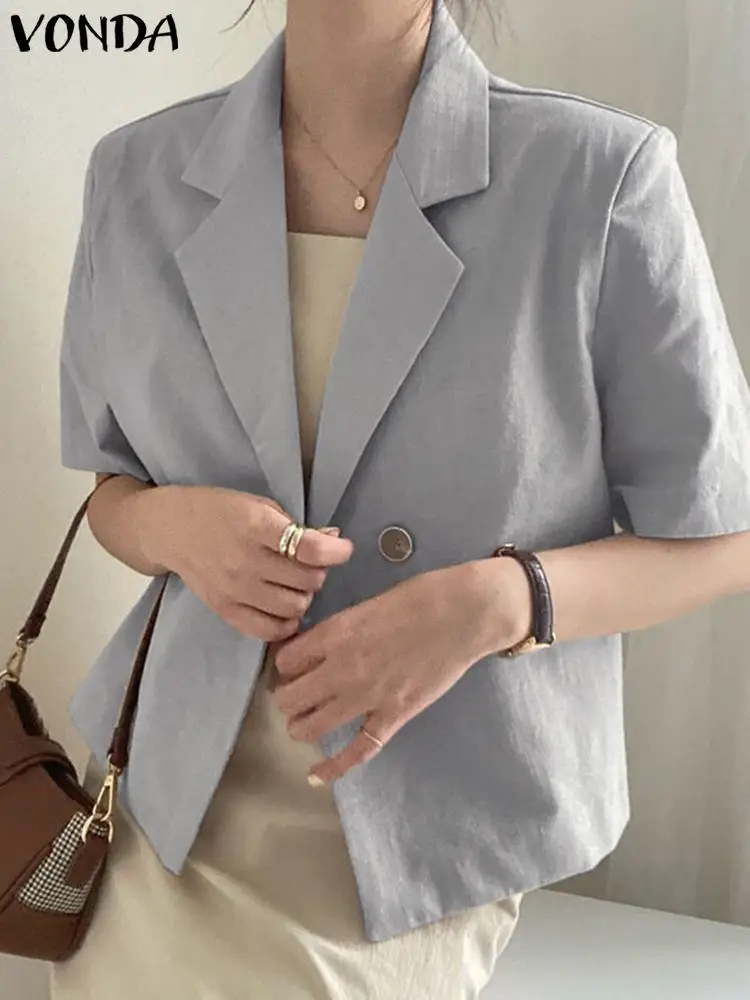 

VONDA Spring Female Loose Street Blazer Casual Short Sleeve Thin Coat Women Solid OL Polyester Button Office Blazer Oversized