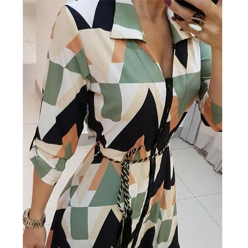 

Women Wave Printed Asymmetrical Dresses Boho Fashion Long Sleeve Shirt Sundress Autumn Summer Holiday beach vestido clothing XXL