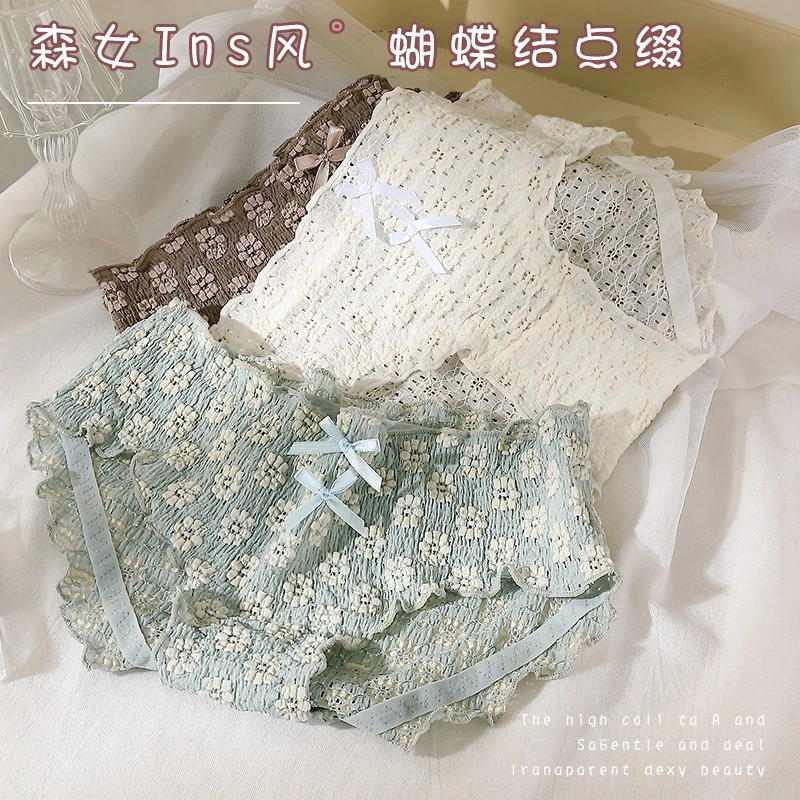 

Женские мягкие хлопковые трусики-миди с бантом и кружевом