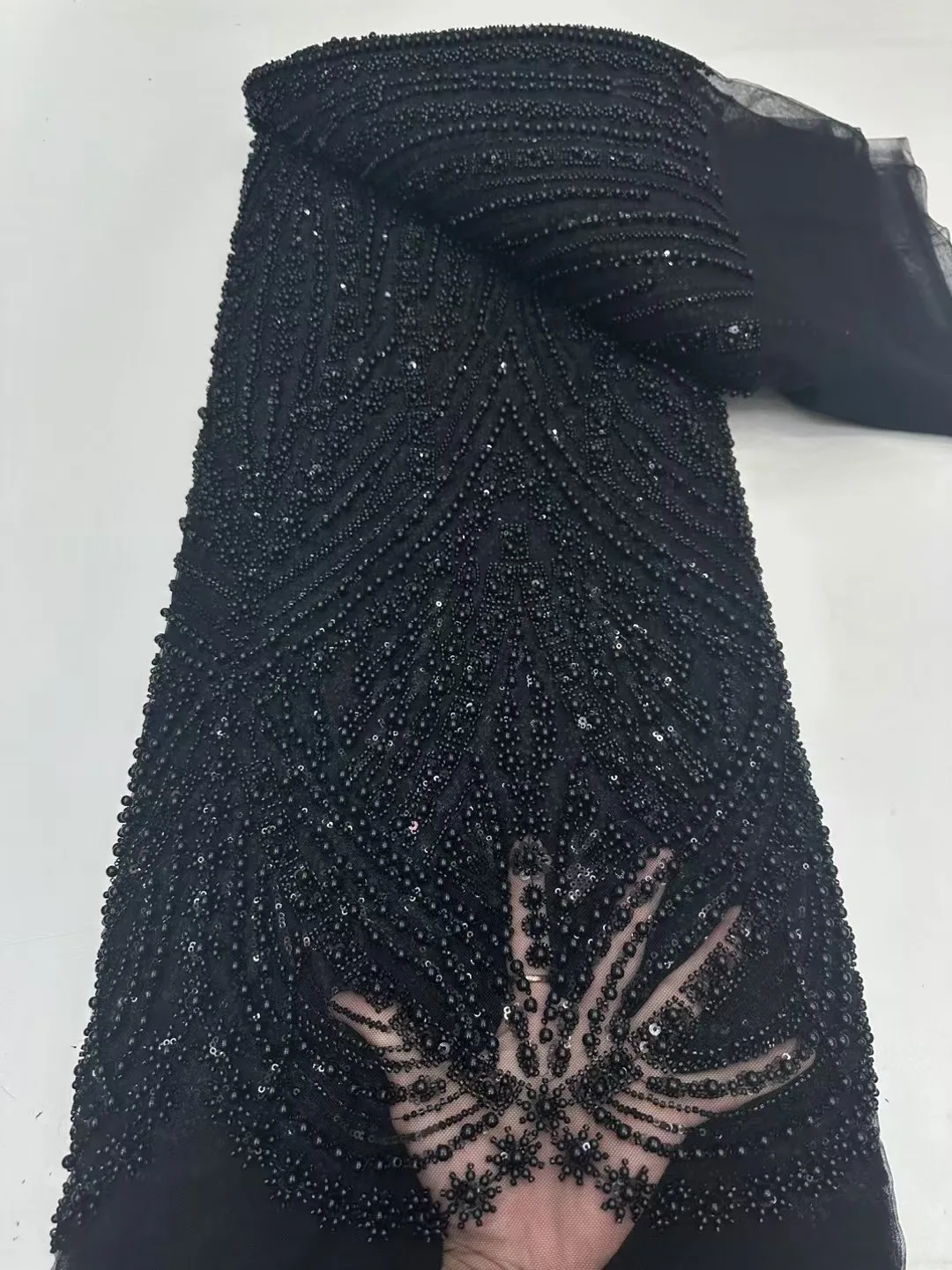 Высококачественная кружевная ткань с бисером для свадебной ткани белое