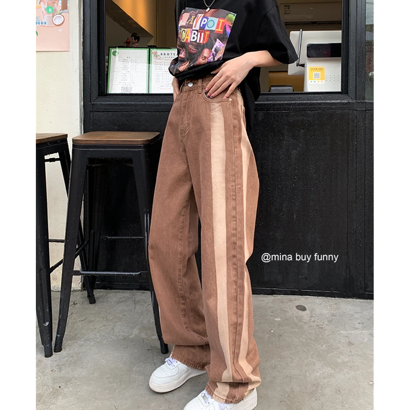 Women Jeans Vintage High Waist American Streetwear Fashion Summer Loose Brown Straight Jean Pants Baggy Wide Leg Denim Trousers