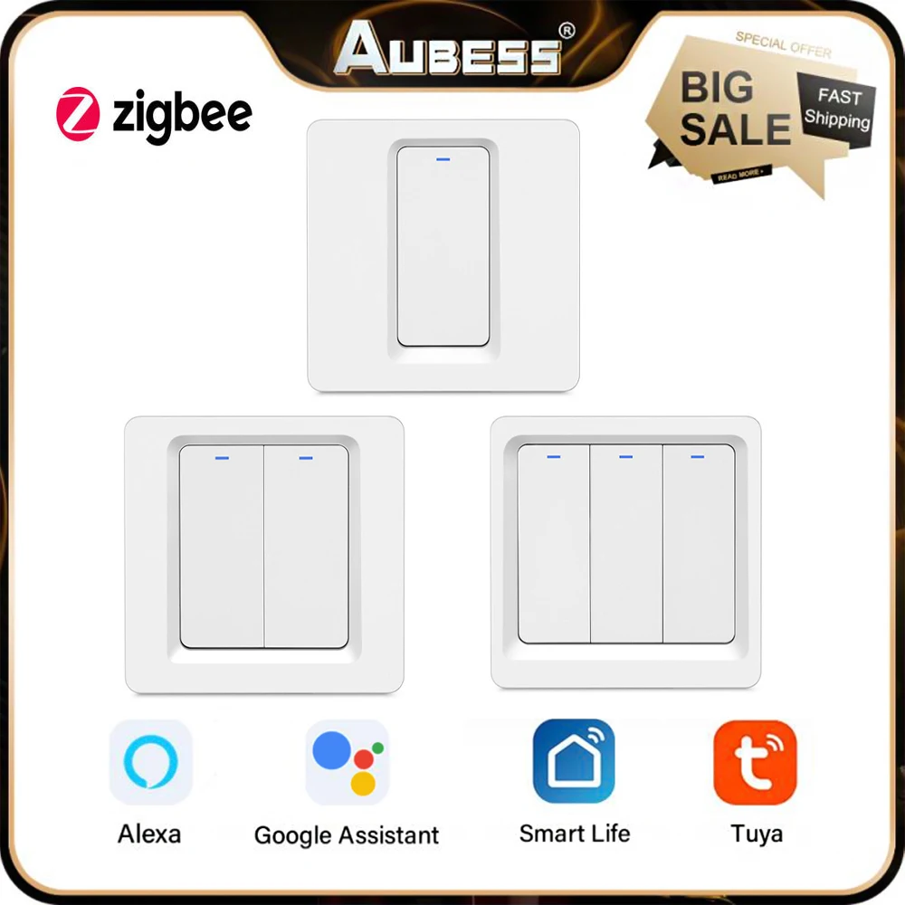 

Tuya ZigBee Push Button Switch No Neutral Wire 1/2/3 Way Smart Light Switch Smart Life APP Control Support Alexa Google Home