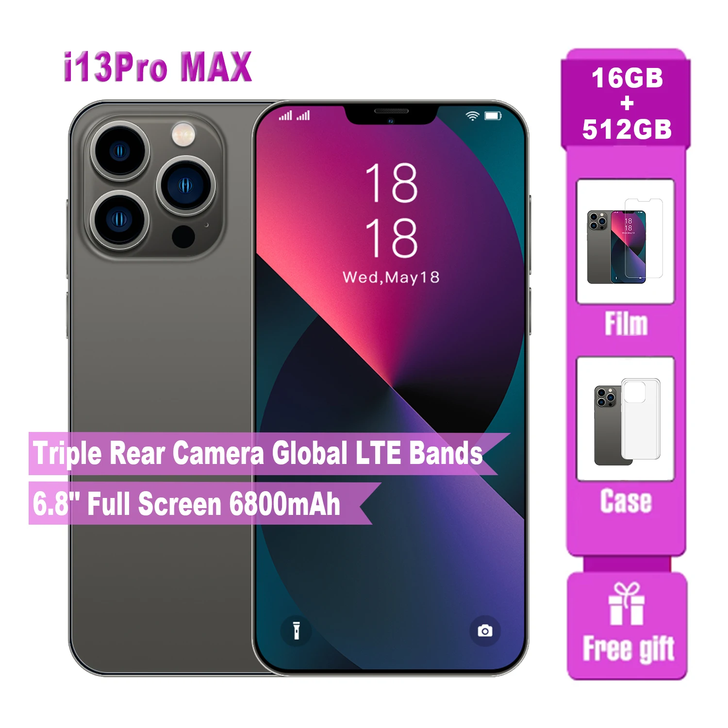 

[World Premiere] i13proMax 5G Smartphone 6.8Inch HD+Full Display32+50MP Dual SIM 16GB+512GB Global 4G LTE Mobile Phone 6800mAh