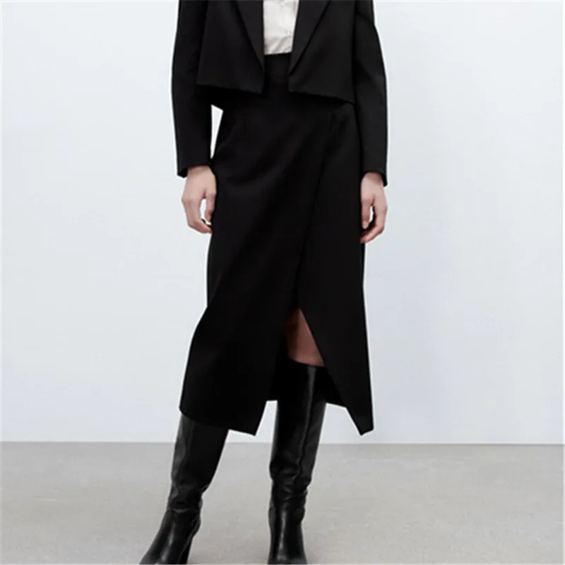 

PB&ZASpring New Women's Fashion Versatile Black High Waist Slit Decoration Asymmetric Hem Midi Skirt Midi Skirt