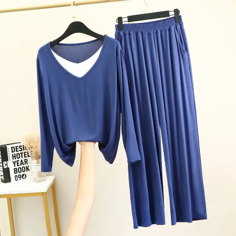 

Spring Summer Women's Pajamas Sets Modal Solid Color Round Neck Short Sleeve Trousers Two-Piece Simple Wide Leg Homewear E66