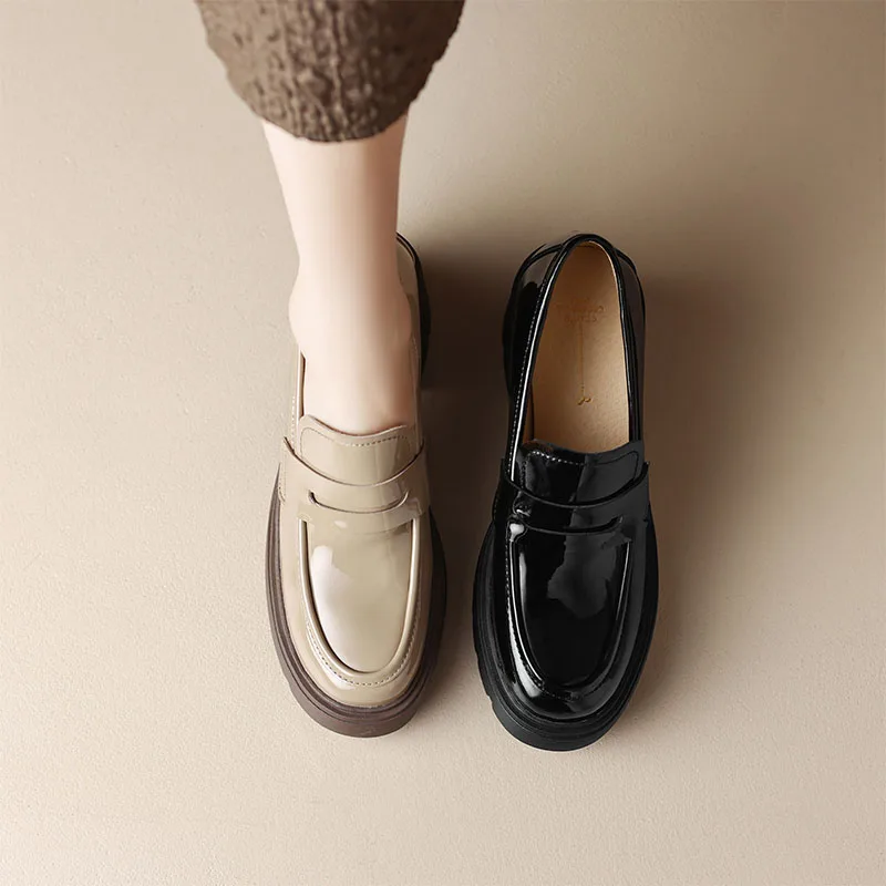 New Spring Black Apricot Round Toe Mid Heeled Leather Punk Women Retro Loafers Casual Shoes