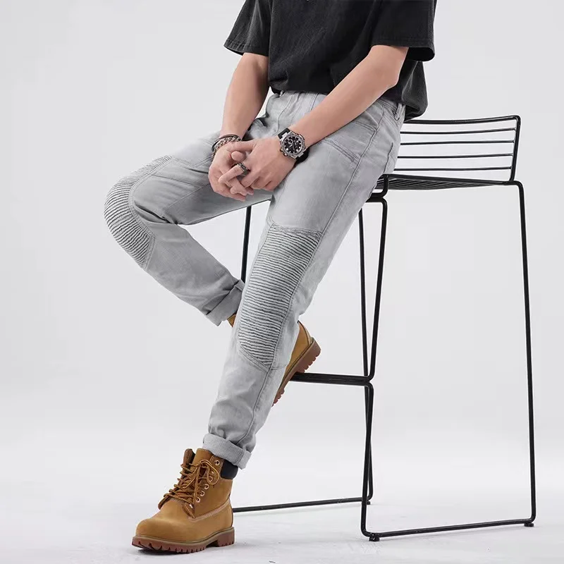 EH·MD® Zip Knee Stitching Jeans Men's High Elastic Slim Tattooed Leg Multi-Pocket Motorcycle Riding Pants Flanging Fashion Feet2