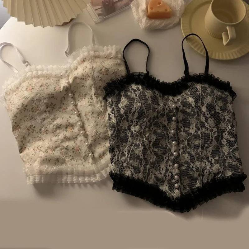 

Женская кружевная майка с французским принтом, укороченный топ на бретельках, элегантная облегающая короткая майка, уличная мода Y2k, лето 2022