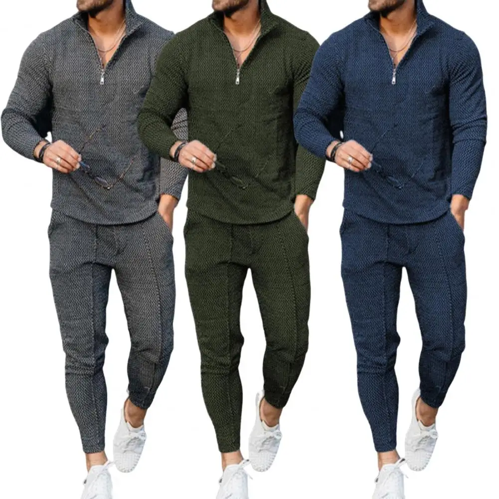 

Men's Set 1 Set Top Pants Wavy Print Solid Color Stand Collar Zipper Spring Autumn Retro Outfit for Office Men's Two-piece Set
