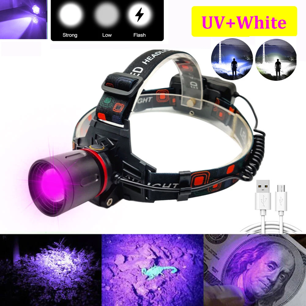 Налобный фонарь белый + красный/зеленый/УФ, 2*18650