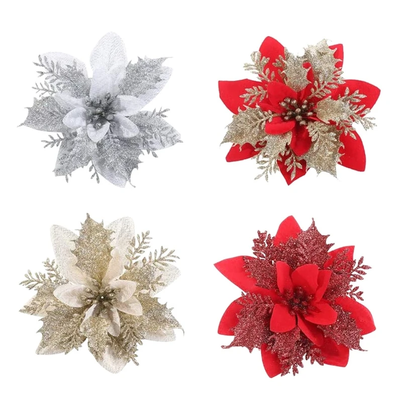 

594C 5pcs 14cm Glitter Artificial Christmas Flowers with Clips Stems Decorations Xmas Tree Ornaments for Wreath Home New Year