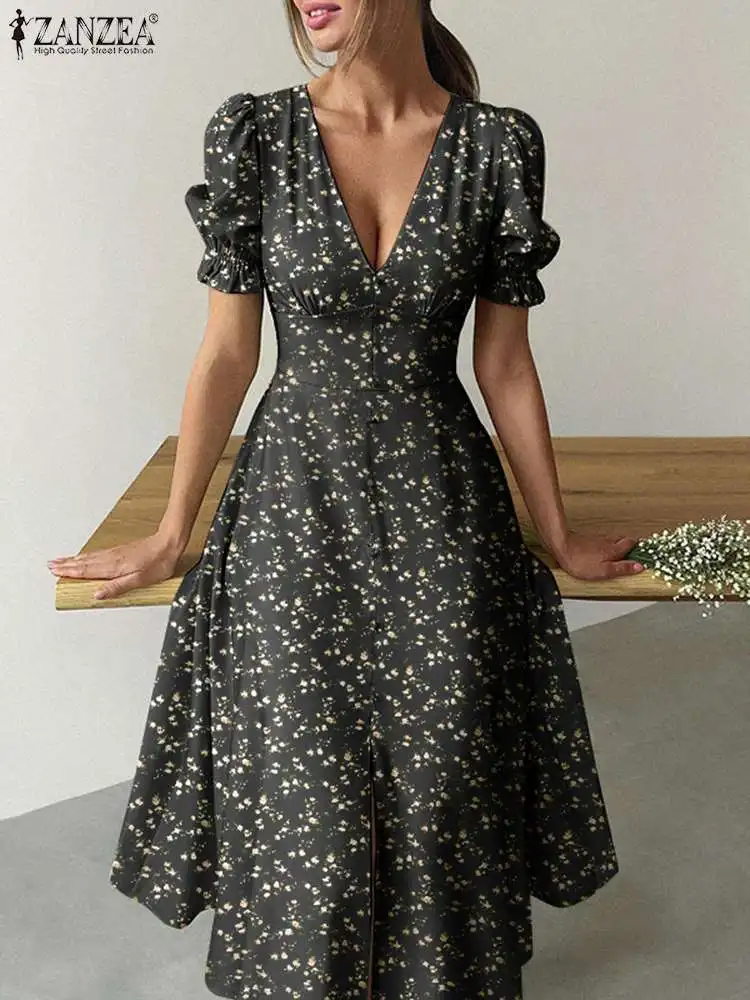

Платье ZANZEA женское средней длины с V-образным вырезом, винтажный праздничный сарафан с рукавами-фонариками и цветочным принтом, модное платье с разрезом, лето 2023