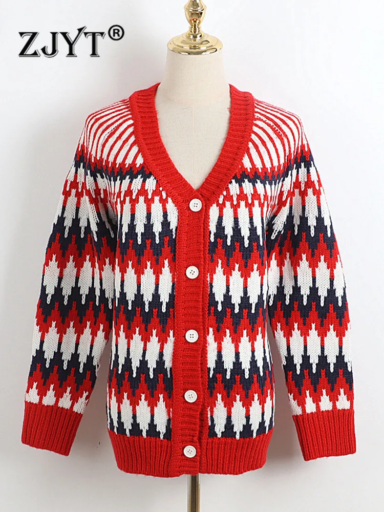 

ZJYT Fashion Autumn Winter Thick Cardigans Sweater Coats Women Long Sleeve V Neck Loose Knitwear Outerwear Knitted Tops Casual