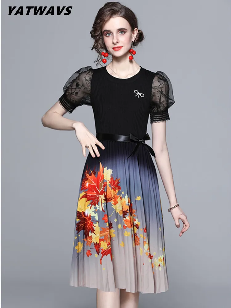 

YATWAVS Summer Short Sleeve Women Dress 2022 Elegant Knitting Patchwork Pleated Print Fashion Knee Length Dresses Vestidos