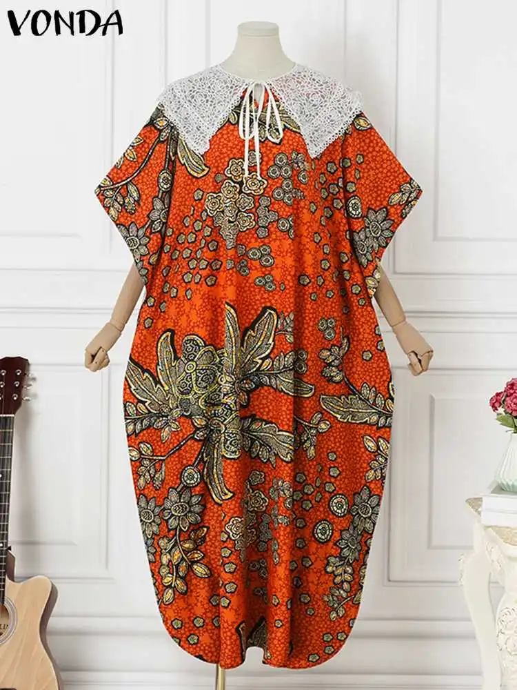 Plus Size 5XL VONDA Summer Maxi Long Dress Women Bohemian Printed Sundress Short Sleeve Lace Patchwork Casual Loose Party Robe