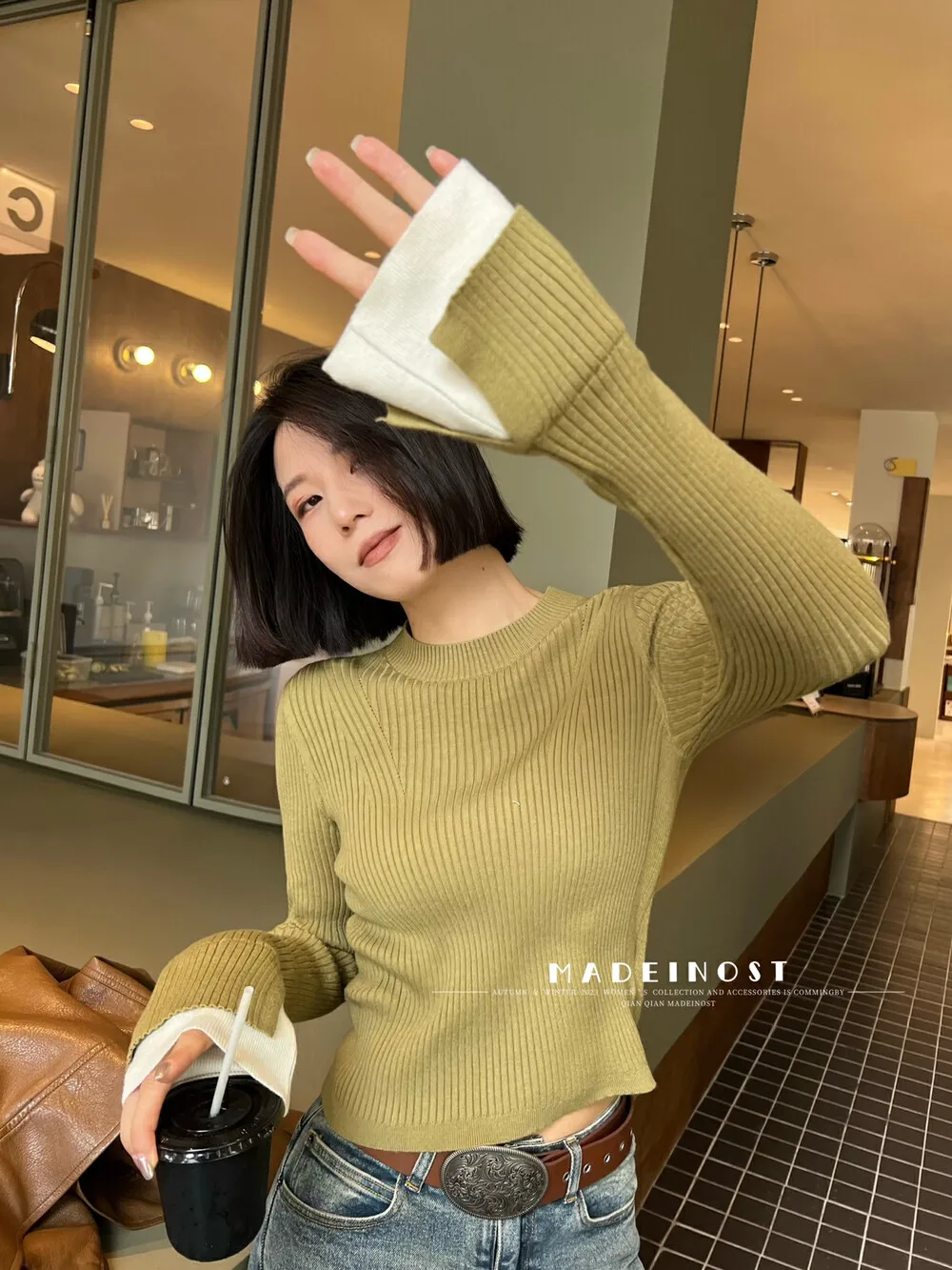 High-Grade Super Nice Contrast Color Fake Two Pieces Knit Women Autumn and Winter Design Sense Sweater Inner wear Base Top