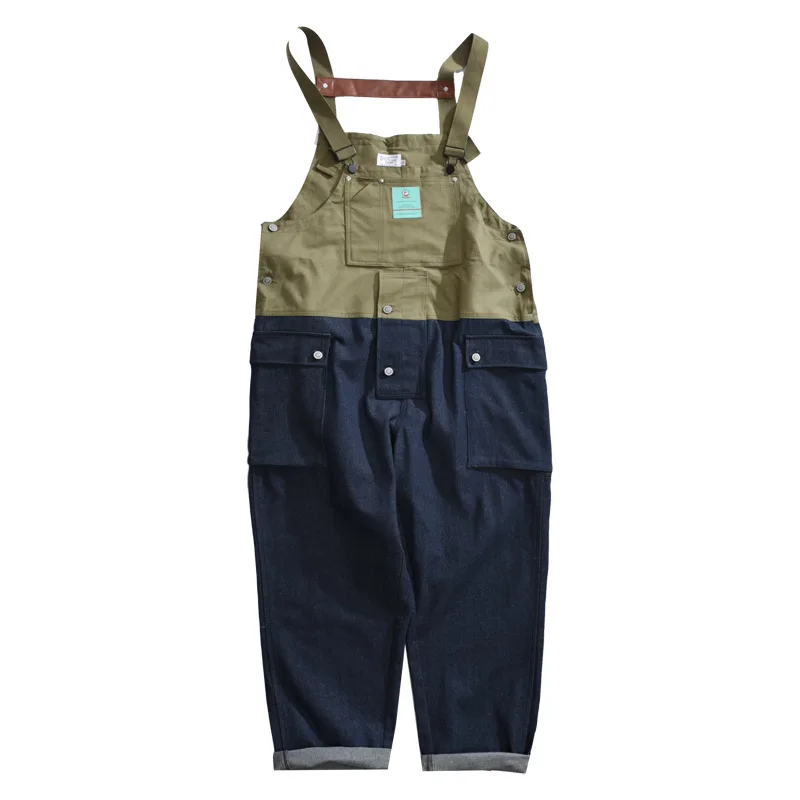 

Men Loose Casual Oversize Wide Leg Denim Splice Cargo Bib Pants Male Women Japan Streetwear Jumpsuit Trousers Overalls Pant