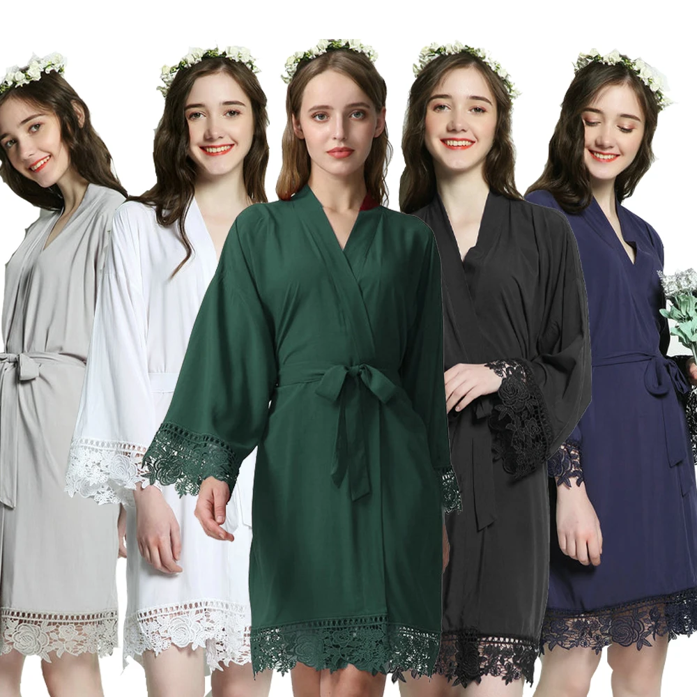 Bride Bridesmaid Robes Green Solid Cotton Kimono Robe with Lace Robe Trim Women Wedding Bridal Robe Bathrobe Sleepwear White