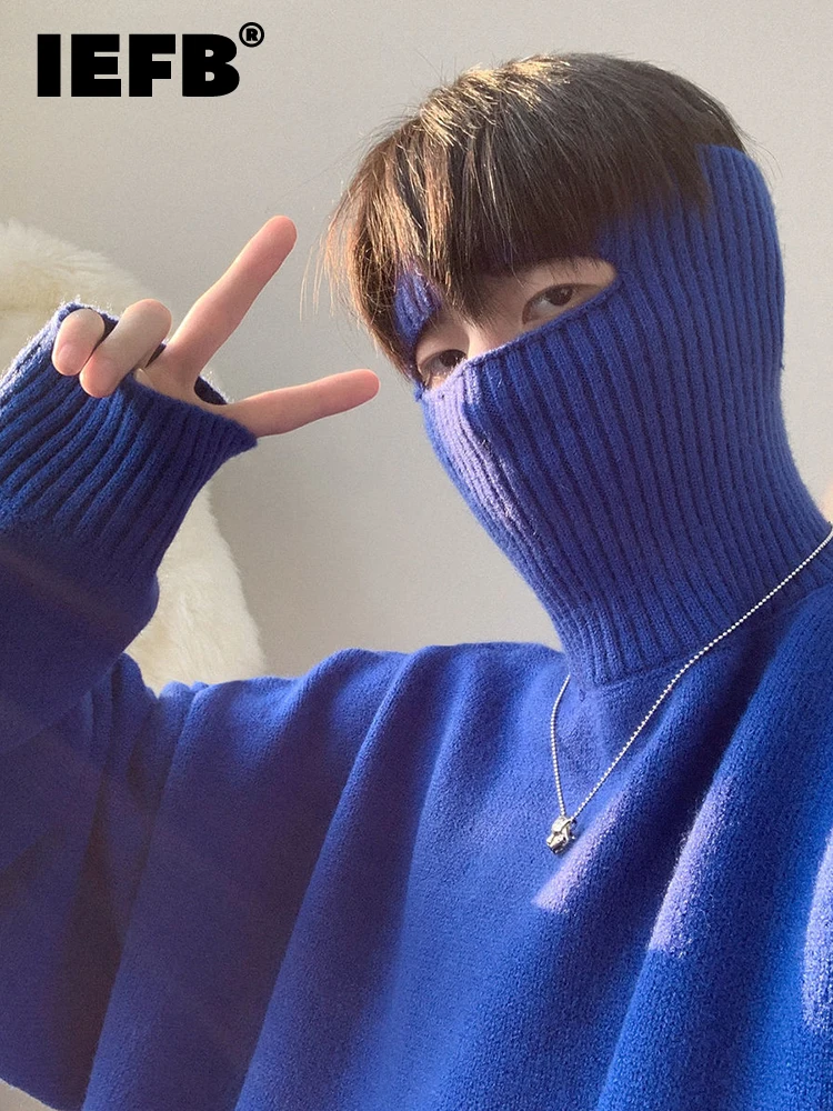 

IEFB Men's Blue Sweater Autumn Winter New Solid Color Turtleneck Kintting Tops Korean Trendy Loose Kinttwear Male Clothes 9A0971