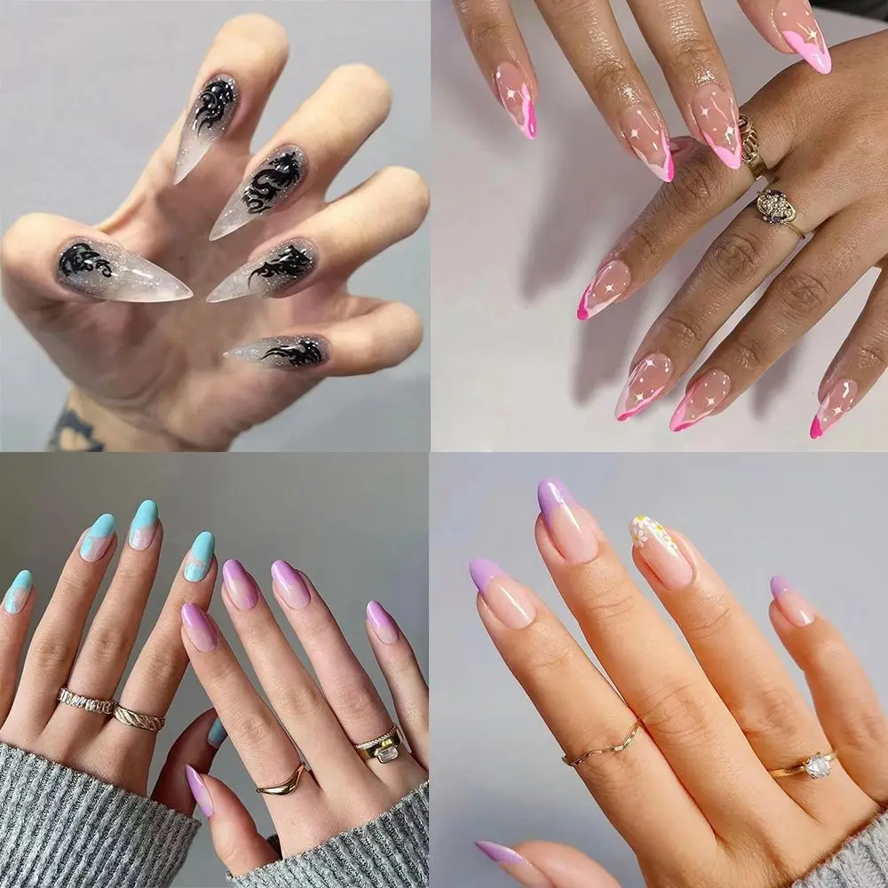 

24pcs/Box Press On Nails Artificial Manicure Tool Full Cover French Fake Nails Nail Tips Wearable Almond False Nails