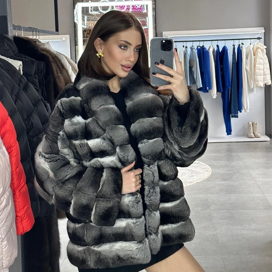 Женская шуба из меха кролика Шиншиллы Рекс с воротником-стойкой короткая меховая