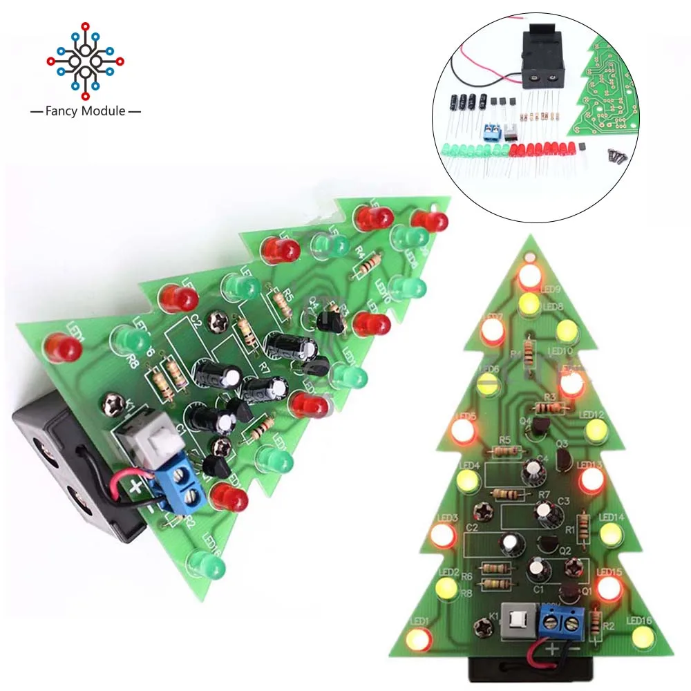 

3D Christmas Tree LED DIY Kit Electronic PCB Board Module LED Circuit Red Green Flash Light Electronic Suite for Holiday Decor