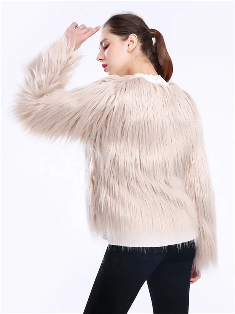 Faux Fur Coat Women 2022 Autumn Winter New Fashion Short Slim Long Sleeve Pockets Black Pink Water Wash Lamb Hair Outwear Female