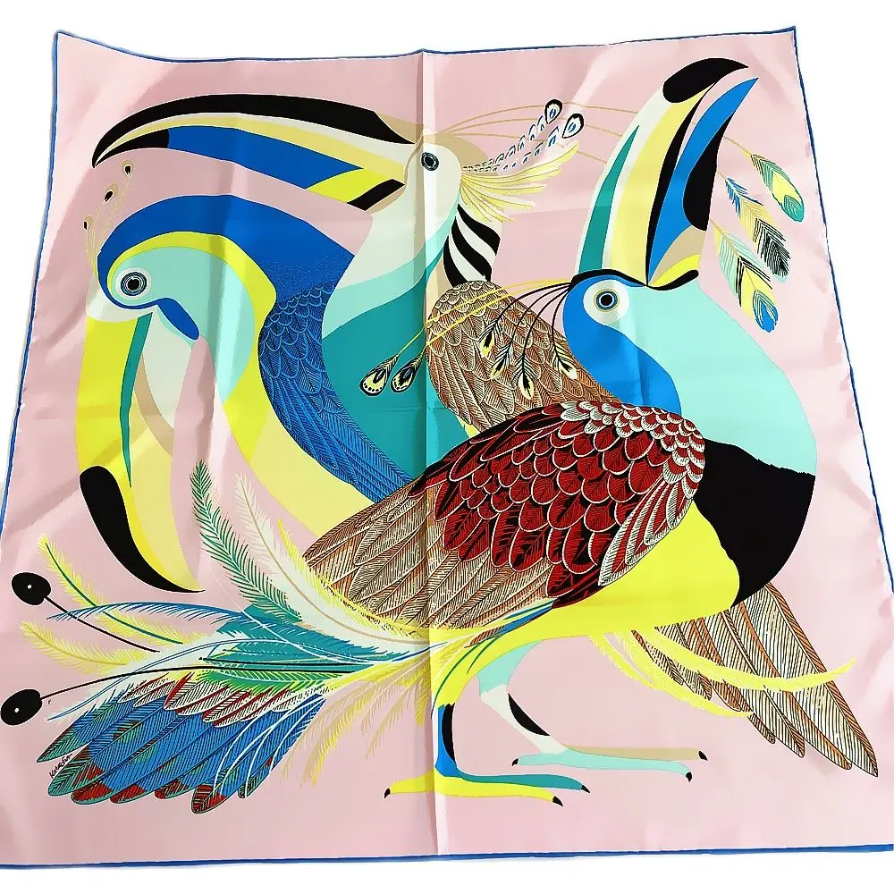 

90cm Square Scarves Luxury Brand Twill Silk Long Good Quality Women Toucan Birds Print Headband Shawl Fashion Muslim Hijab