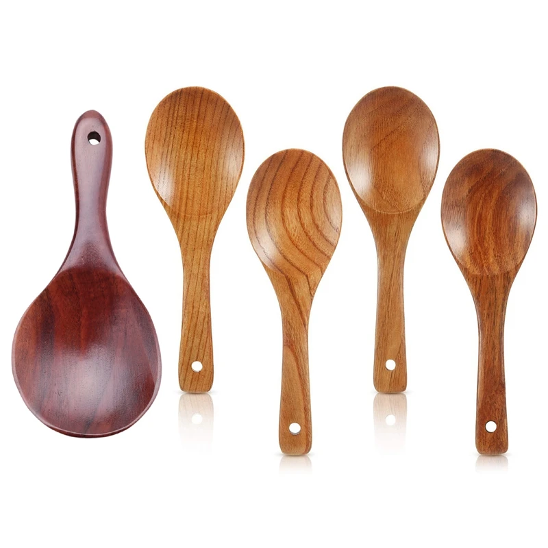 

JHD-1X Teak Wood Spoon Natural Solid Wood Rice Spoon & 4Pieces Wood Spoons 21.5Cm Wooden Rice Paddle Versatile Serving Spoon