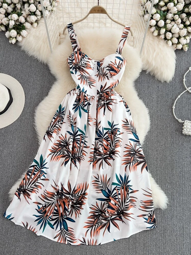 

Summer Spaghetti Strap High Waist Slim Party Dress Ladies Casual Elegant Backless Sleeveless Printed A-Line Vintage Dresses