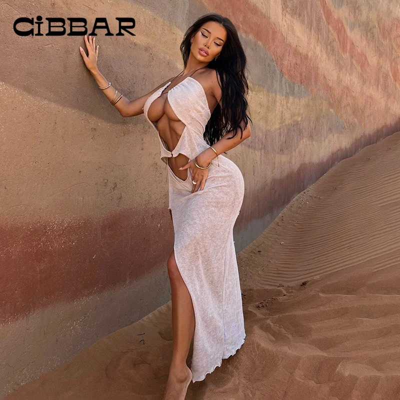 

CIBBAR Women Sexy Hollow Out Cleavage Slit Sundress Clubwear Charming Slim Backless Maxi Dress summer fashion Clothes Partywear