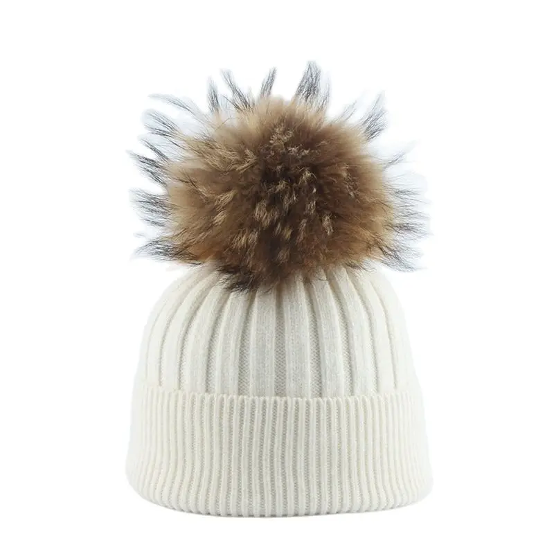 

New child boy striped wool beanie cap Kids girls Detachable Real fur pompom knitte hat Curled bonnet gorros Warm ski skullies