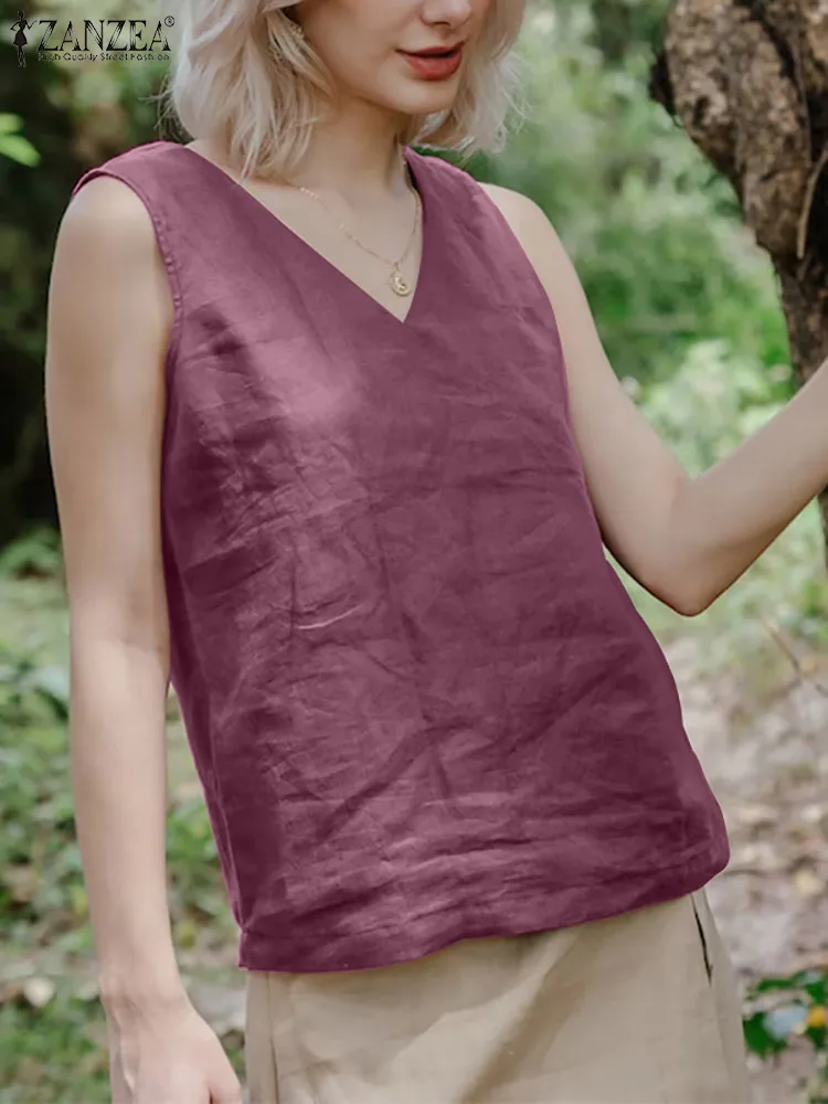 

ZANZEA Solid Color V-Neck Tank Shirt Women Summer Sleeveless Blouse Femme Fashion Elegant Casual Holiday Beach Baggy Tops 2022